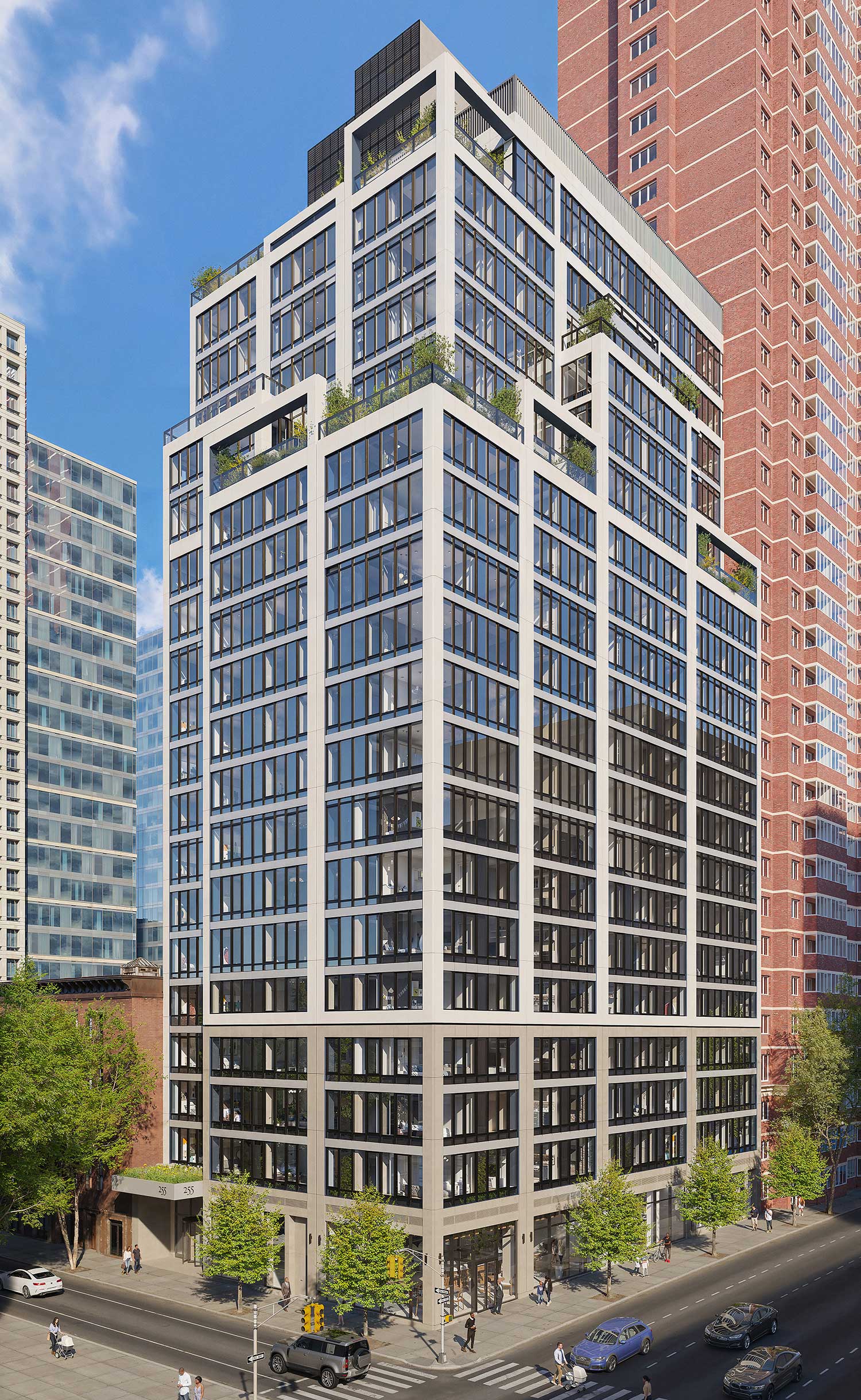 Exterior rendering of The Lotus, a new luxury rental apartment in Murray Hill, Manhattan, featuring modern architecture
