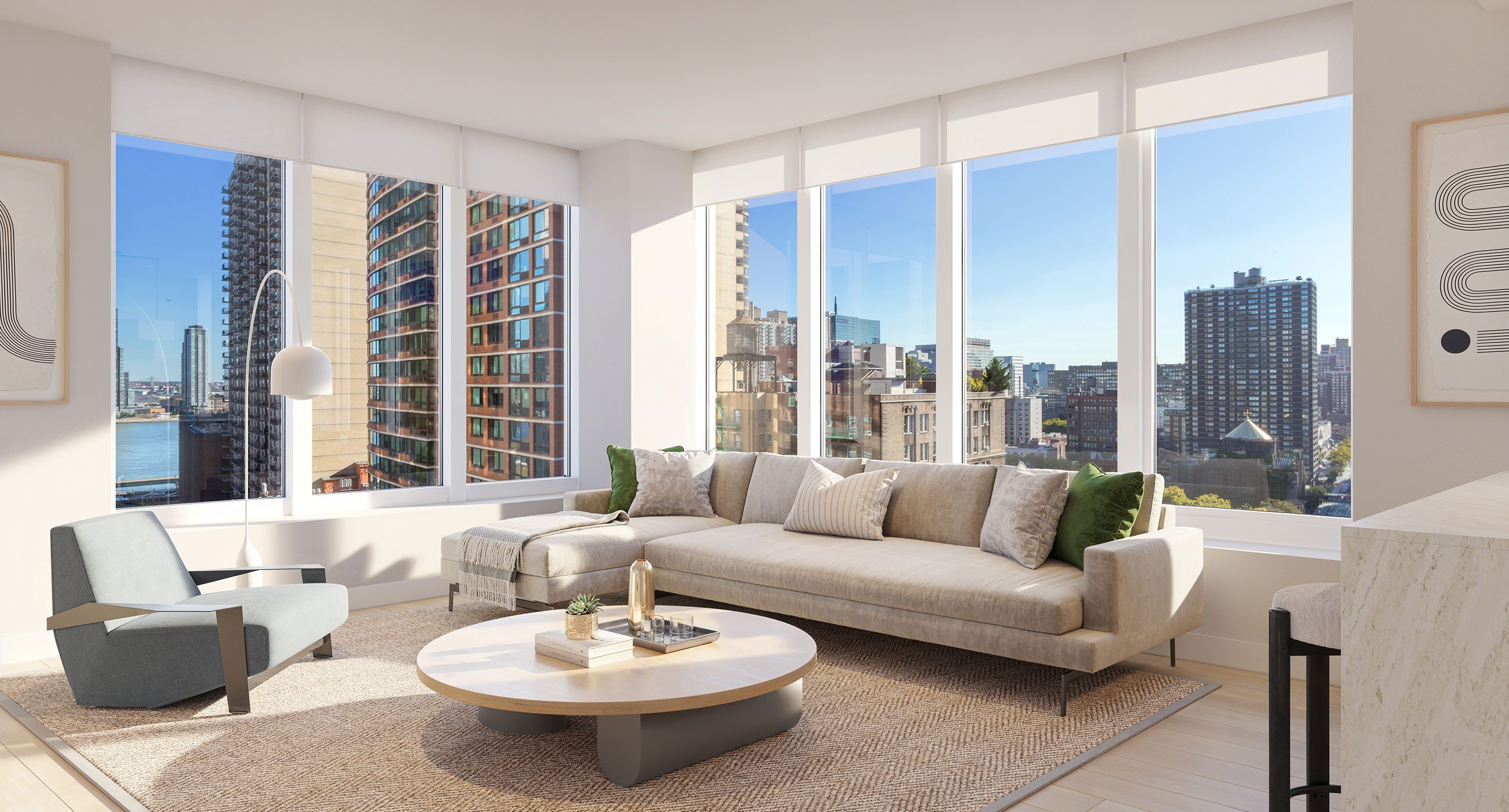 Modern apartment living room at The Lotus NYC with expansive windows, contemporary furnishings, and NYC skyline views.